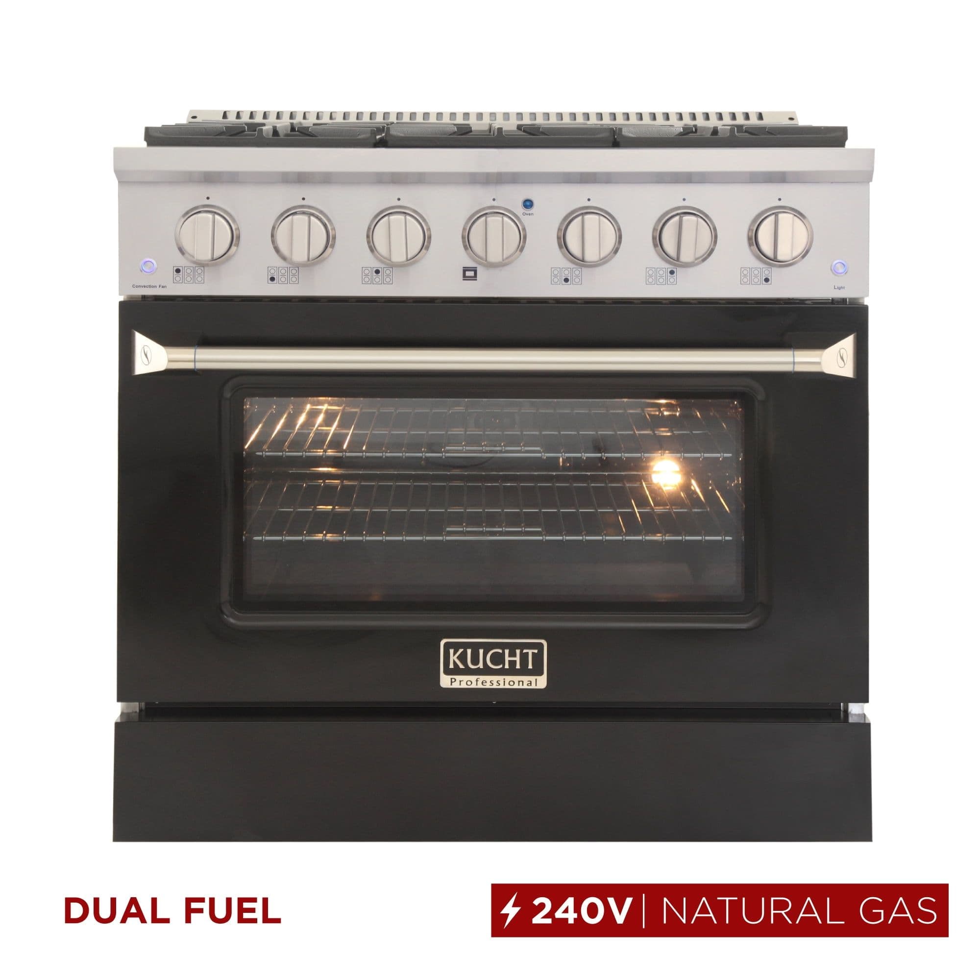 36 in. 5.2 cu. ft Dual Fuel Range for Natural Gas Sealed Burners in Black.