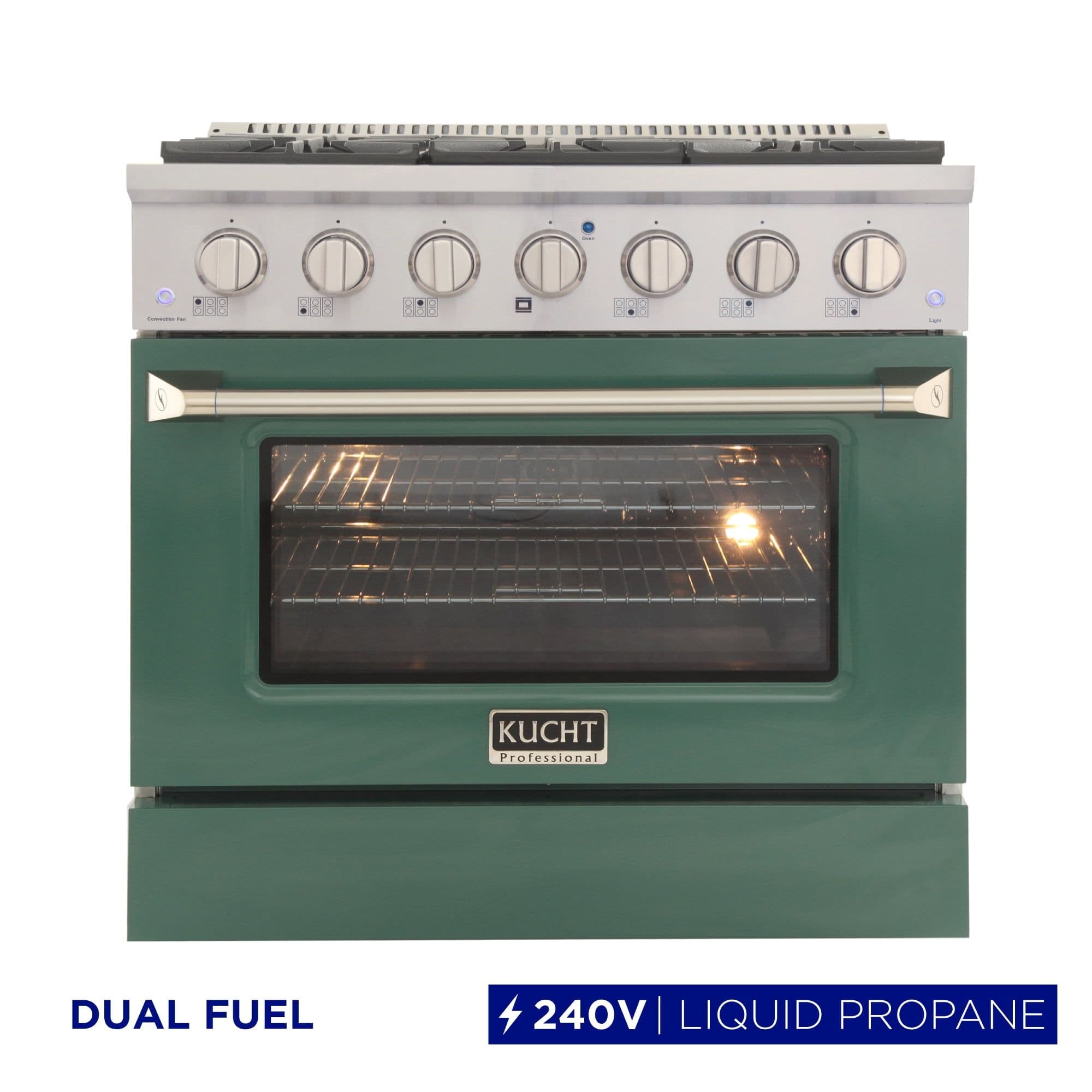 36 in. 5.2 cu. ft. Dual Fuel Range for Propane Gas Sealed Burners in Green.